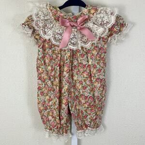 Honeybee 90s Vintage Newborn Girl Floral Jumpsuit Lace & Pink Bow USA
